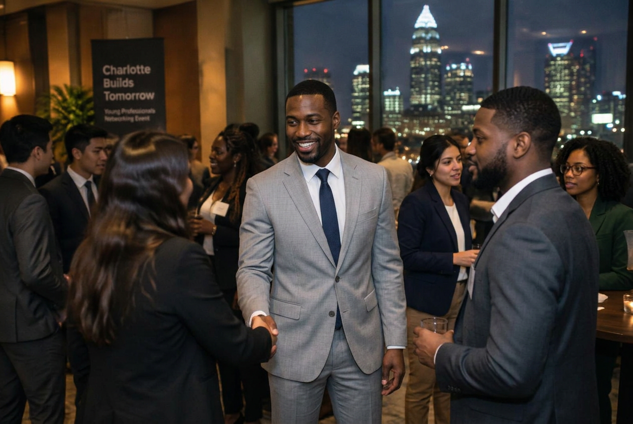 Team members networking at an evening business mixer in Charlotte