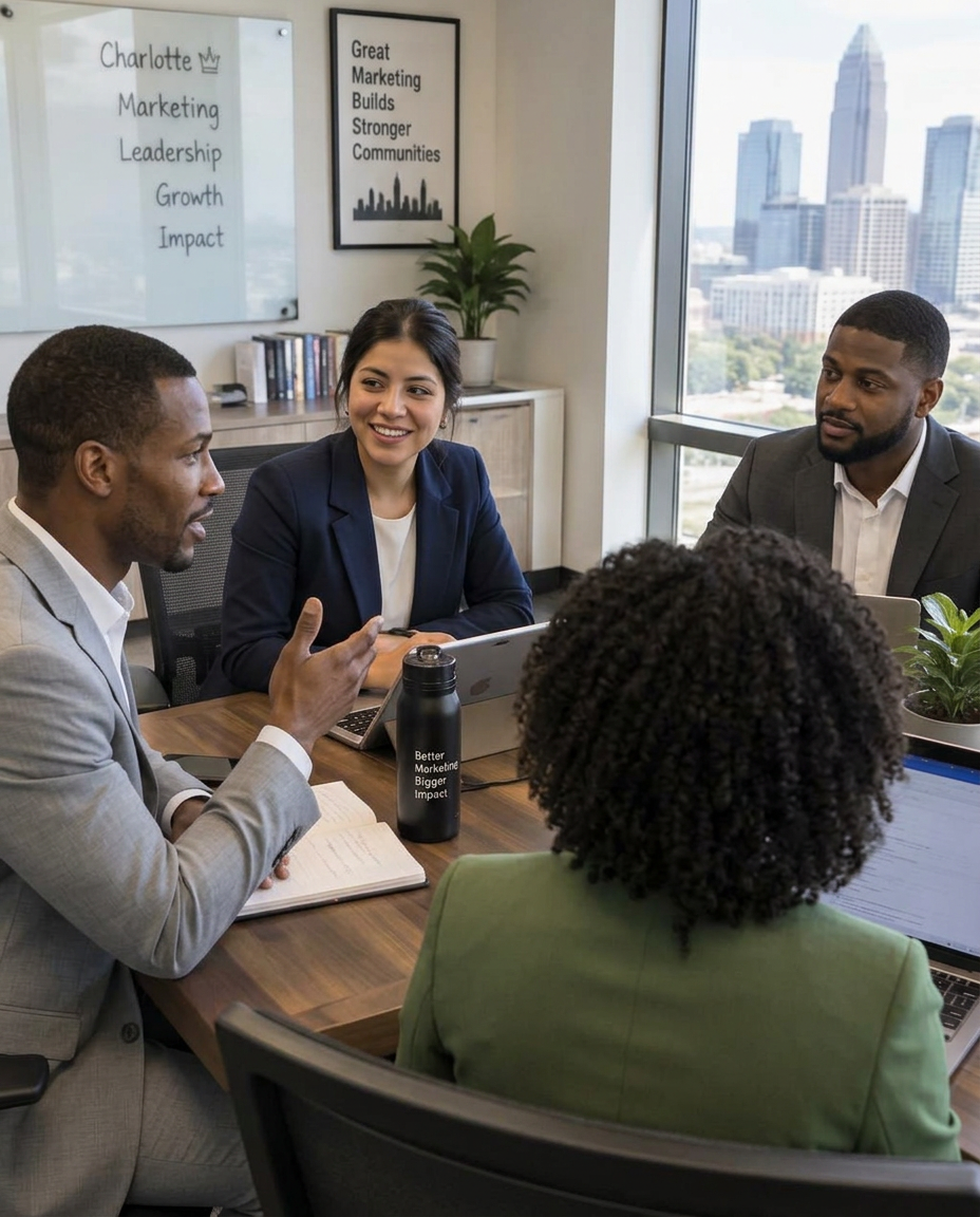 Teammates in suits collaborating around a desk in the Charlotte office