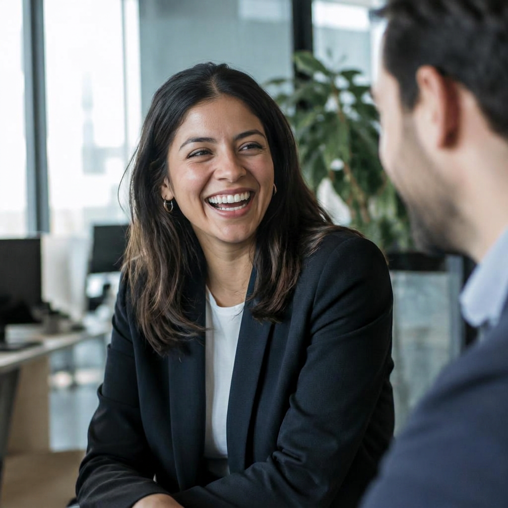 A teammate laughing mid-conversation in the office