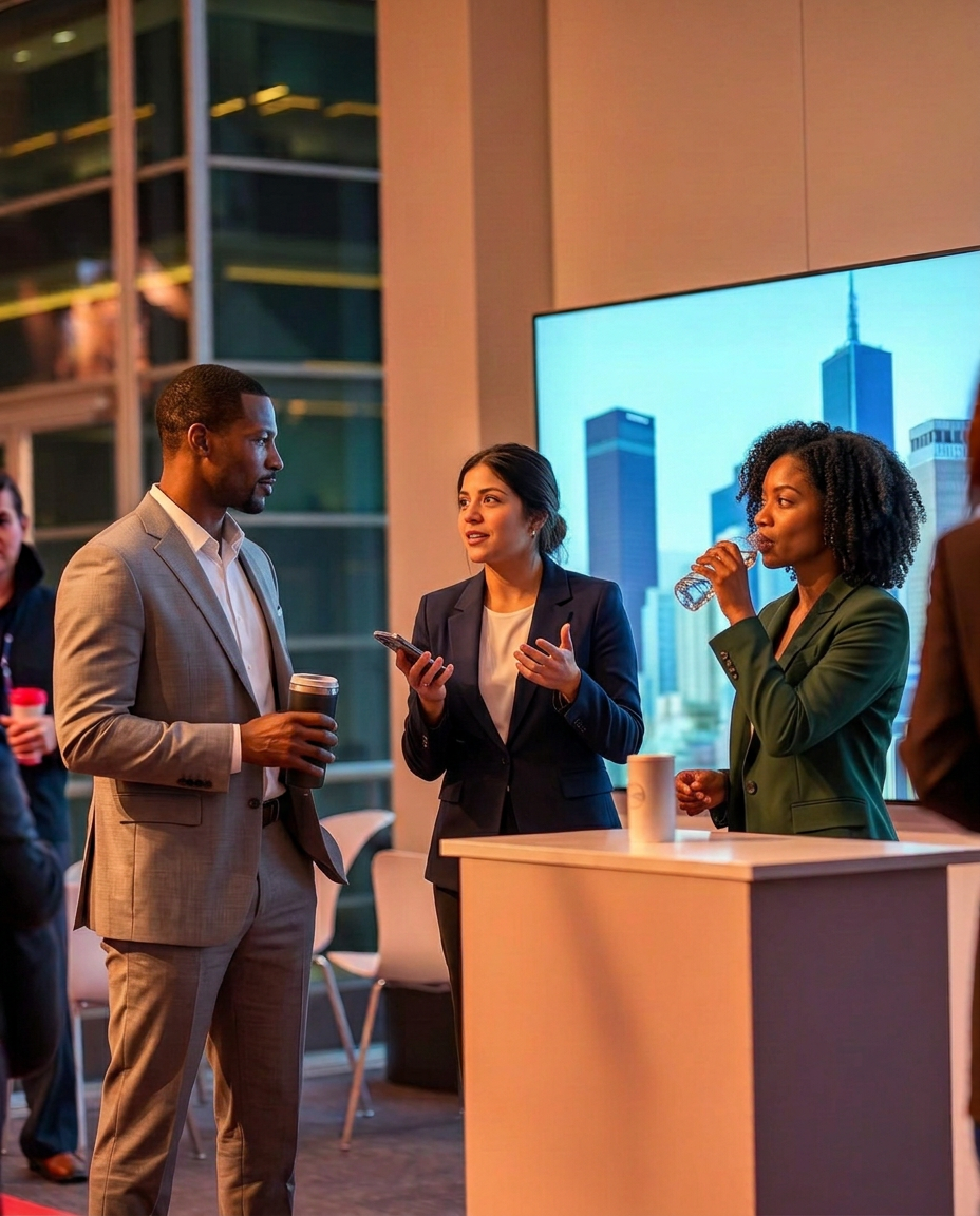 Three members of the 704 Collective team talking through a conference set before going on stage